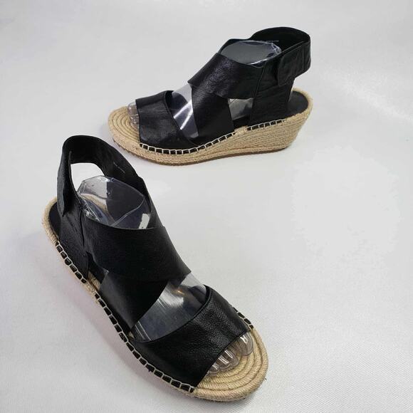 Eileen Fisher Wedges Willow Tumbled Leather Espadrille Women’s Size 10 Black - Picture 1 of 9